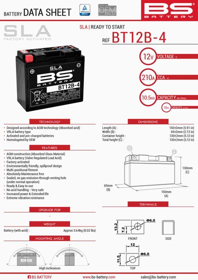 MONSTER 800 (2003 - 2007) bt12b-4 sla 12v 210 a battery | BS BATTERY