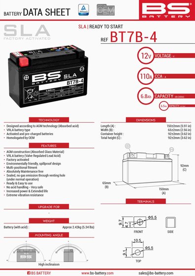 PANIGALE 1299 S (2015 - 2017) bt7b-4 sla 12v 105 a battery | BS BATTERY