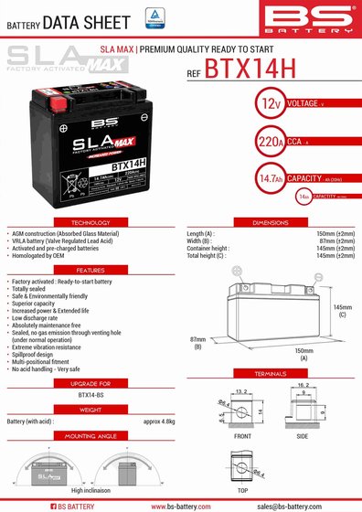 1098 (2007 - 2008) btx14h sla max akumuliatorius | BS BATTERY